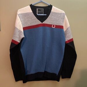 Fred Perry beige/grey/blue v-neck cotton knit sweater.